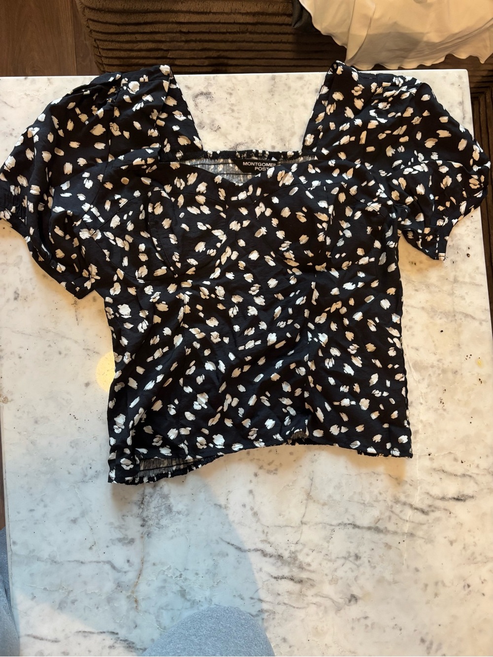 Black Puff-Sleeve Dot Print Blouse
